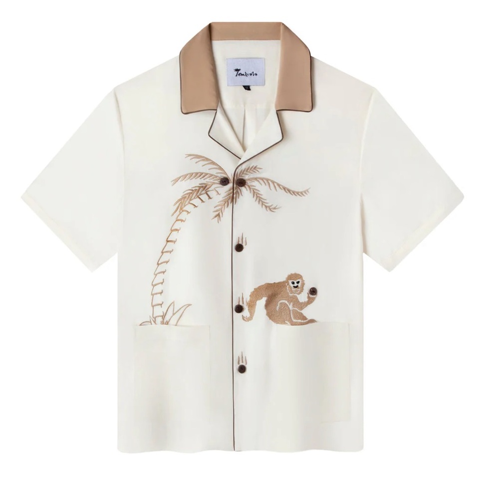 Tombolo Monkey Business Medium Embroidered Button-Down Cabana Shirt Vanilla